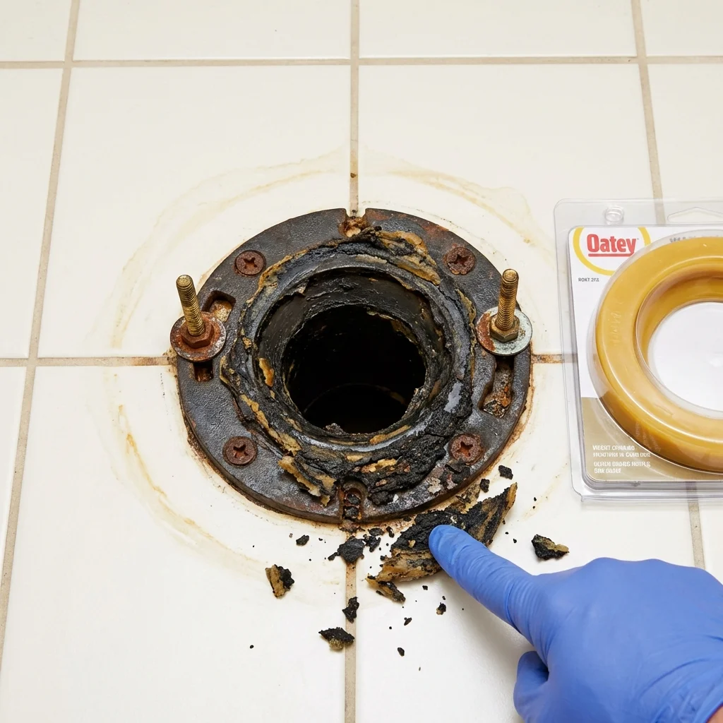 Failed wax ring showing water seepage at the base of a toilet in a Batesville, TX home